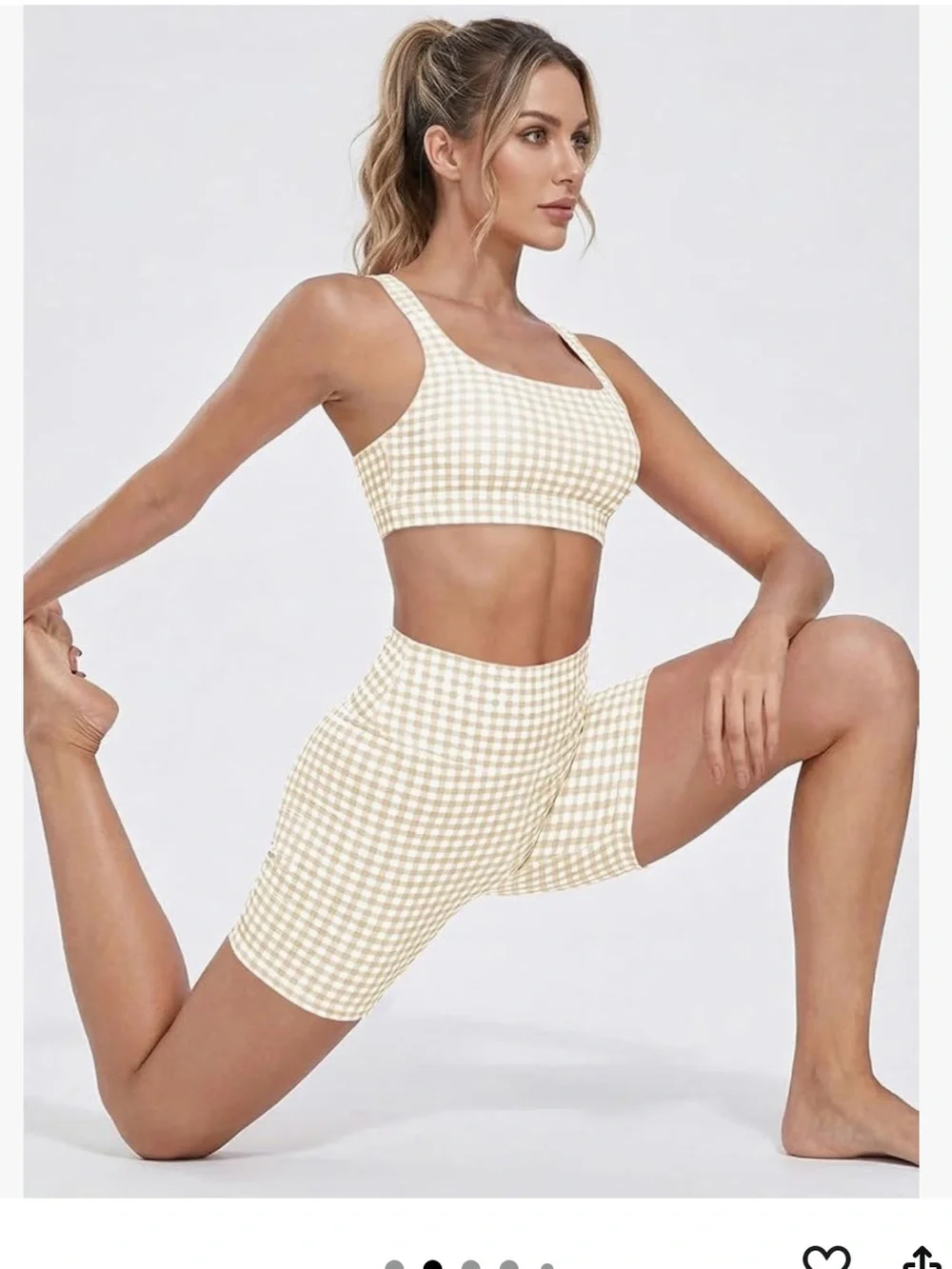 Amazon Women's Beige Gingham High-Waist Athletic Shorts & Crop Tank Set size m